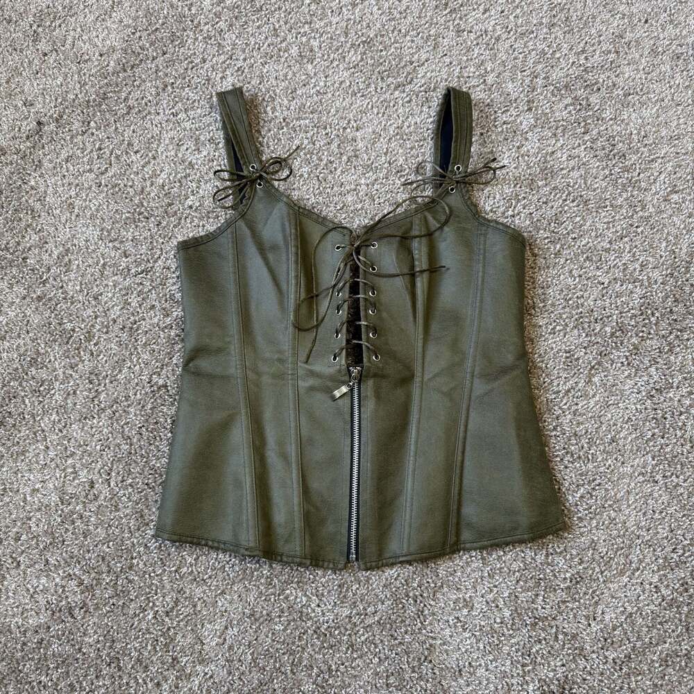 Charmian Olive Green Faux Leather Lace-Up Steampunk Victorian Corset Top